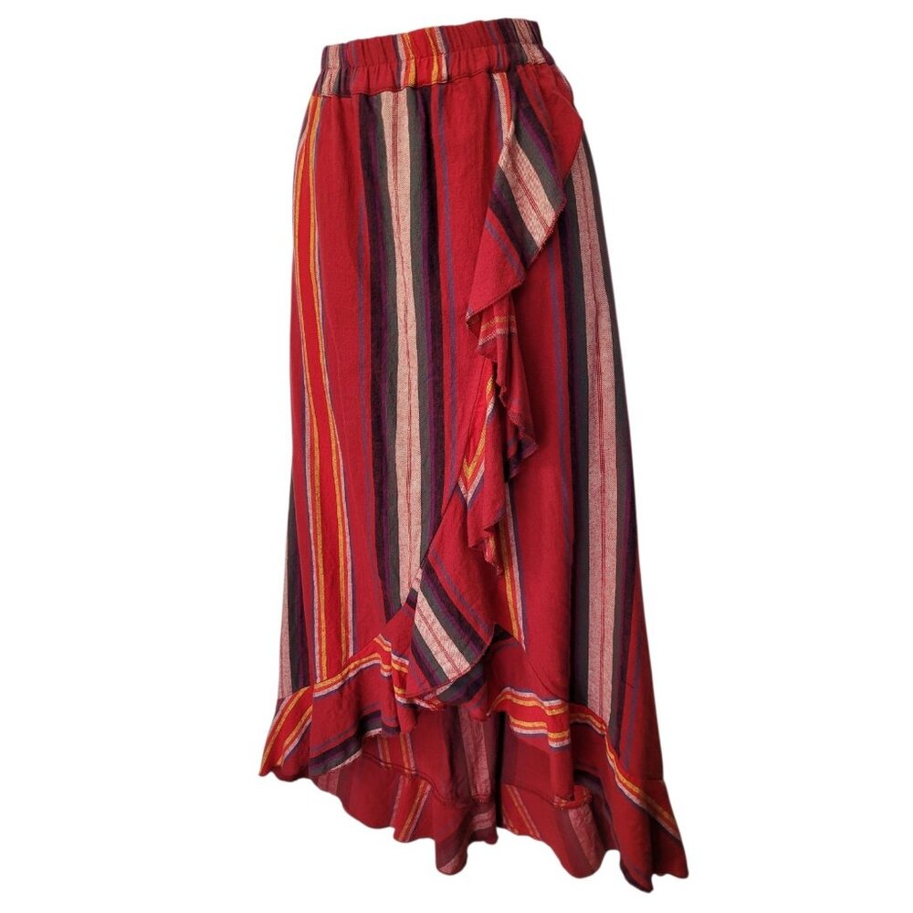 R Cinco Ranch Skirt L Asymmetrical Hem Faux Wrap Red Stripe Elastic Waist Ruffle - Picture 2 of 13